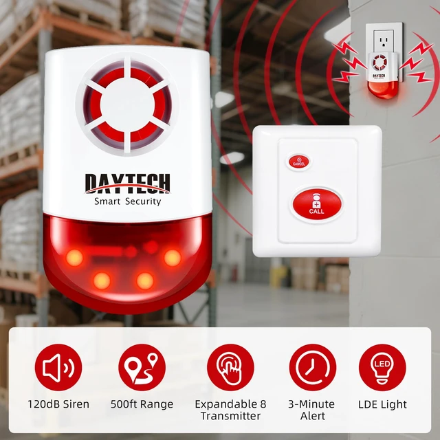 Alt view image 2 of 7 - Panic Button Alarm-Remote Emergency Strobe Siren Alarm Kit 1 Red Flashing Siren+4 Call Buttons,Waterproof Outdoor Loud Panic SOS Warning System for Business/Home/Shop/School, 500ft