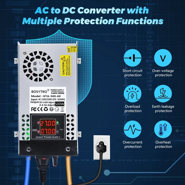 Alt view image 2 of 7 - Upgraded AC to DC Converter 5V 12V 24V 30V 48 60v DC Power Supply Adjustable 0-60V 0-8.3A 500W Switching Power Supply for Led Strip, Motor Pump, CCTV, 3D Printer, Lab Computer