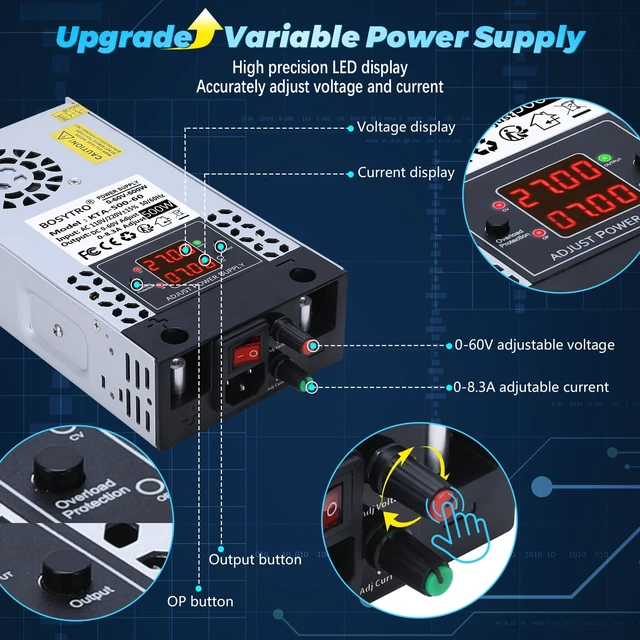 Alt view image 5 of 7 - Upgraded AC to DC Converter 5V 12V 24V 30V 48 60v DC Power Supply Adjustable 0-60V 0-8.3A 500W Switching Power Supply for Led Strip, Motor Pump, CCTV, 3D Printer, Lab Computer