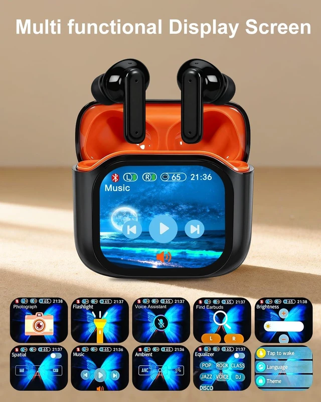 Alt view image 2 of 7 - Wireless Earbuds, Bluetooth Earphones with Touchscreen, Orange Touch Screen Earbuds, Bluetooth 5.4, Touch Buds with LED Screen, ANC/ENC Noise Cancelling, 48H Playtime, for Work, Sport