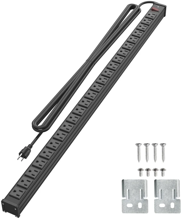 Main image of 24 Outlet Metal Power Strip, Extra Long Heavy Duty Power Strip with 10FT Extension Cord, Mountable for Warehouse Garage Workench, ETL Listed, Black