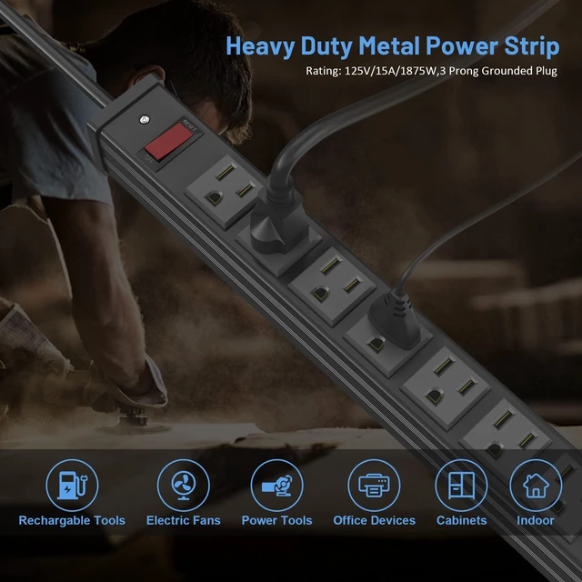 Alt view image 3 of 7 - 24 Outlet Metal Power Strip, Extra Long Heavy Duty Power Strip with 10FT Extension Cord, Mountable for Warehouse Garage Workench, ETL Listed, Black