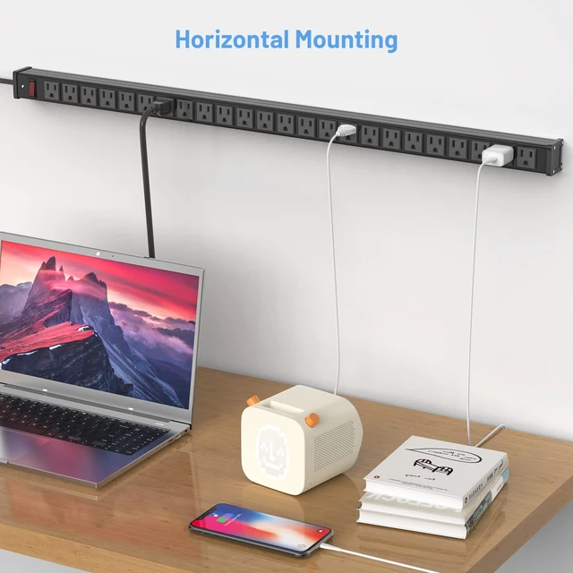 Alt view image 4 of 7 - 24 Outlet Metal Power Strip, Extra Long Heavy Duty Power Strip with 10FT Extension Cord, Mountable for Warehouse Garage Workench, ETL Listed, Black