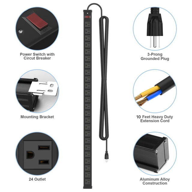 Alt view image 2 of 7 - 24 Outlet Metal Power Strip, Extra Long Heavy Duty Power Strip with 10FT Extension Cord, Mountable for Warehouse Garage Workench, ETL Listed, Black