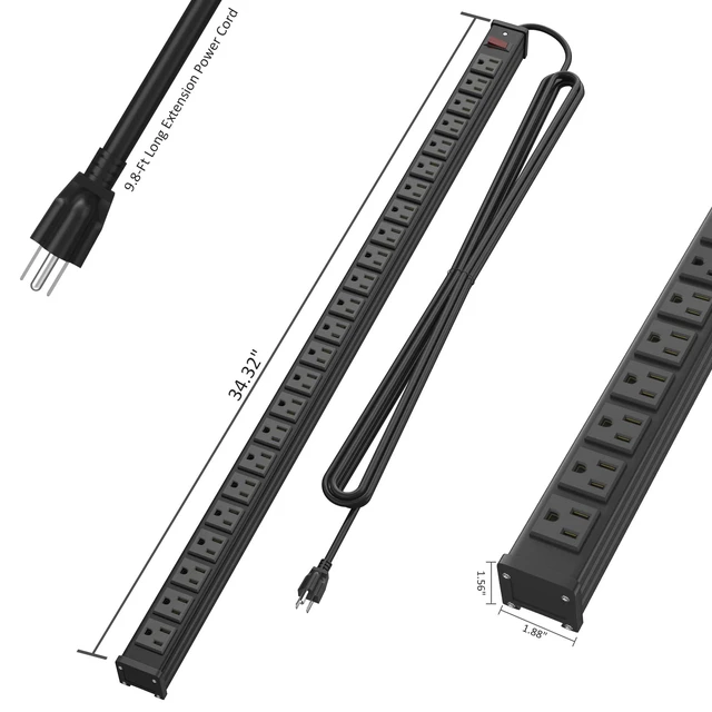 Alt view image 7 of 7 - 24 Outlet Metal Power Strip, Extra Long Heavy Duty Power Strip with 10FT Extension Cord, Mountable for Warehouse Garage Workench, ETL Listed, Black