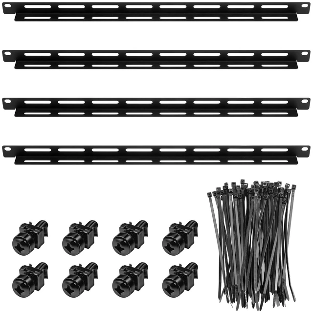 Main image of Zonon 4 Sets 1u 19 Inch Server Rack Cable Management Tie Bar Kit | 4 Pack 1u Tie Bars, 25 Zip Ties, 8 Cage Nuts & 8 Screws Work with Open Frame Enclosure Network Cabinet Mount Wire Management