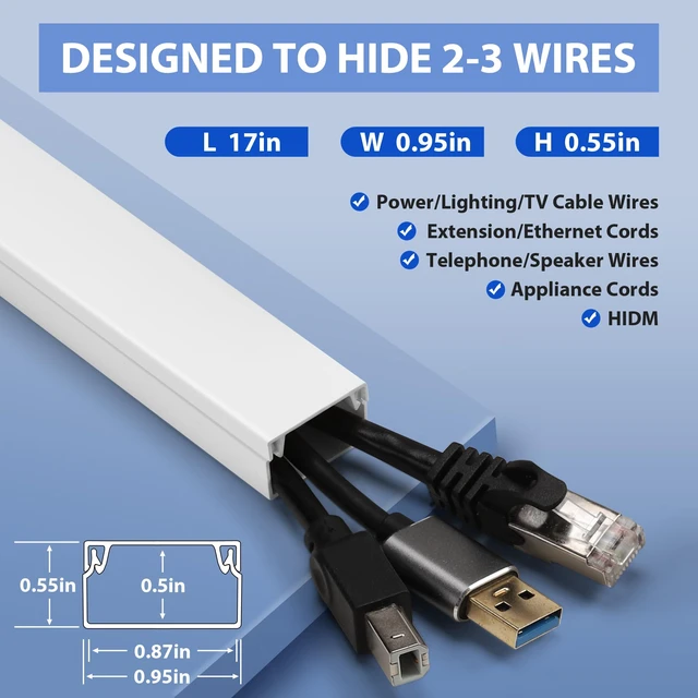 Alt view image 2 of 6 - 170in Wall Cable Hider Kit, Cord Hider Wall Cord Cover for 2-3 Cords Wire Hiders for TV on Wall, White Wall Cable Management Kit, Paintable Wall Wire Cover 10 x L17in W0.95in H0.55in