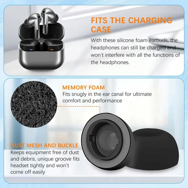 Alt view image 4 of 7 - Best Memory Foam&Silicone Hybrid Ear Tips for Samsung Galaxy Buds3 Pro,Double Layer Anti-Slip,Ultra-Comfort,Better Noise Cancellation,Fit in The Charging Case,3 Pairs (Black, L)