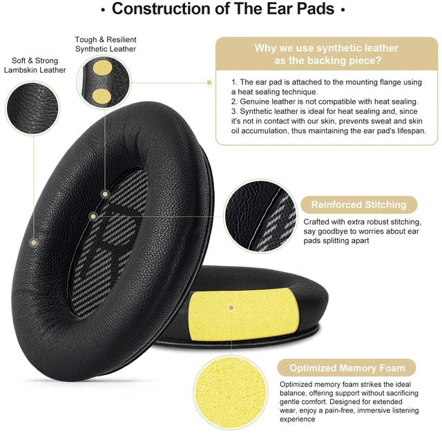 Alt view image 4 of 7 - Leather Ear-Pads Cushions for Bose QuietComfort QC-35 QC-35-ii QC-25 QC-15 QC-2 Headphones, Lambskin Replacement Ear Covers for Ae2/Ae2i/Ae2W SoundLink SoundTrue Around-Ear Headsets(Black)