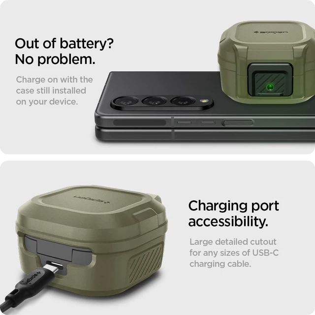Alt view image 7 of 7 - Lock Fit for Galaxy Buds Core, Buds FE, Buds 2 Pro & Buds Live Secure Locking Clip, TPU & PC Dual-Layer, Drop Protection, Included Carabiner - Vintage Khaki