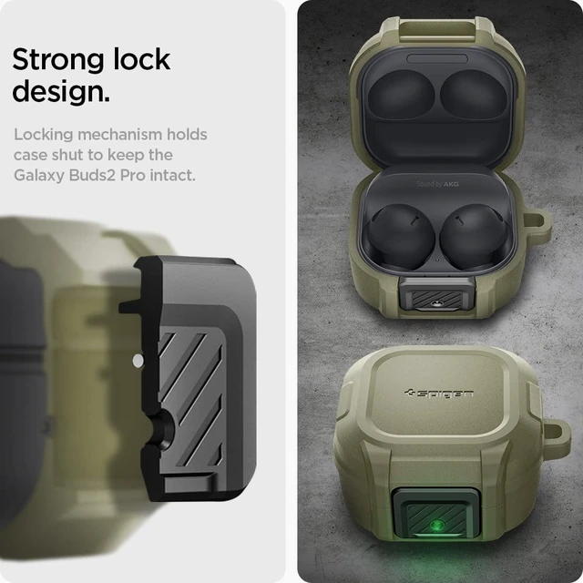 Alt view image 5 of 7 - Lock Fit for Galaxy Buds Core, Buds FE, Buds 2 Pro & Buds Live Secure Locking Clip, TPU & PC Dual-Layer, Drop Protection, Included Carabiner - Vintage Khaki