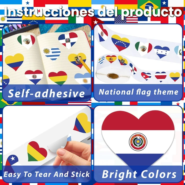 Alt view image 3 of 7 - Hispanic Heritage Month Flags Stickers 1000pcs Waterproof Self-Adhesive, 16 Heart Flags Design, Festival Favors, Water Bottle Laptop Gifts, Celebration Decor