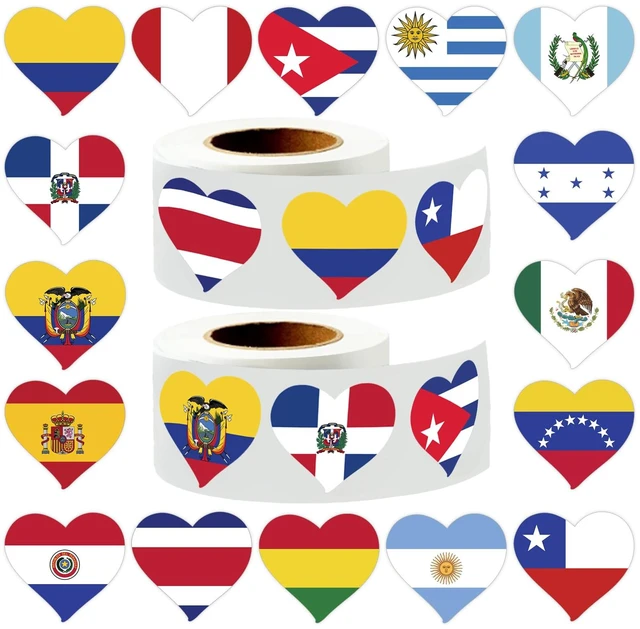 Main image of Hispanic Heritage Month Flags Stickers 1000pcs Waterproof Self-Adhesive, 16 Heart Flags Design, Festival Favors, Water Bottle Laptop Gifts, Celebration Decor