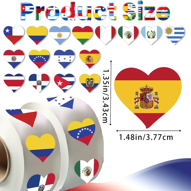 Alt view image 2 of 7 - Hispanic Heritage Month Flags Stickers 1000pcs Waterproof Self-Adhesive, 16 Heart Flags Design, Festival Favors, Water Bottle Laptop Gifts, Celebration Decor