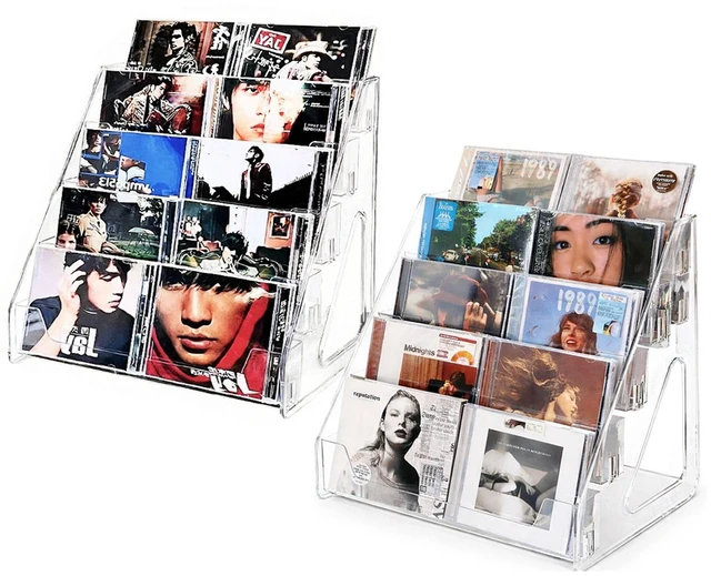 Main image of Acrylic CD Rack 5-Tier Cascading CD Storage Organizer, Holds Up to 30 CD Jewel Cases, Clear CD & DVD Display Shelf for Music, Postcards & Cosmetics2PC