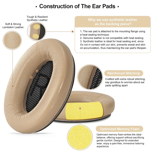 Alt view image 5 of 7 - Leather Ear-Pads Cushions for Bose QuietComfort QC-35 QC-35-ii QC-25 QC-15 QC-2 Headphones, Lambskin Replacement Ear Covers for Ae2/Ae2i/Ae2W SoundLink SoundTrue Around-Ear Headsets(Beige)