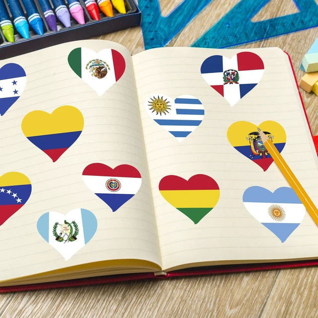 Alt view image 4 of 7 - Hispanic Heritage Month Flags Stickers 1000pcs Waterproof Self-Adhesive, 16 Heart Flags Design, Festival Favors, Water Bottle Laptop Gifts, Celebration Decor
