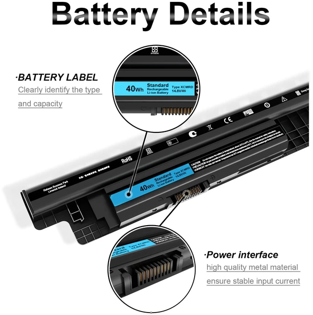 Alt view image 3 of 7 - 40Wh XCMRD Battery Compatible with Dell Inspiron 15 3000 Laptop PC Fits 3521 3531 3537 3541 3542 3543, 5521 5537 5721 5737, Latitude 3540 laptops; replaces 4WY7C V8VNT P28F P40F, 14.8V 4-cell