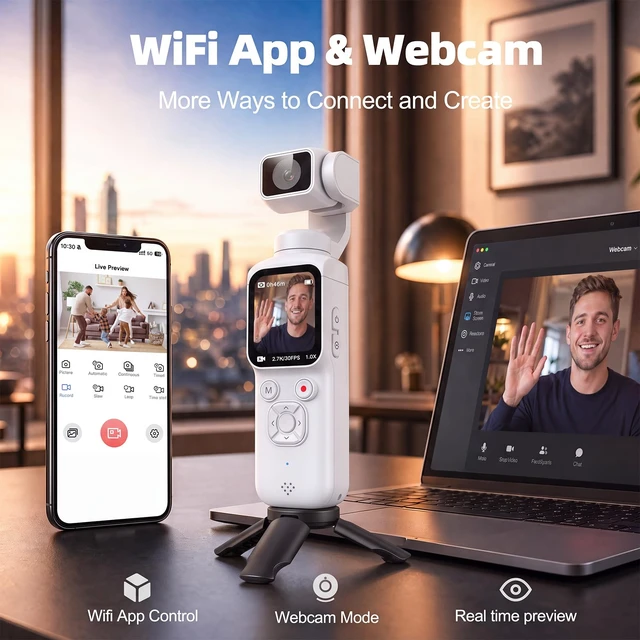 Alt view image 2 of 7 - 4K Vlogging Camera with AI Face Tracking, 330° Rotating Lens & WiFi, White Face-Detection Tracking, one-touch front/selfie view, Type-C charging, webcam mode, and Class 10 cards up to 256GB