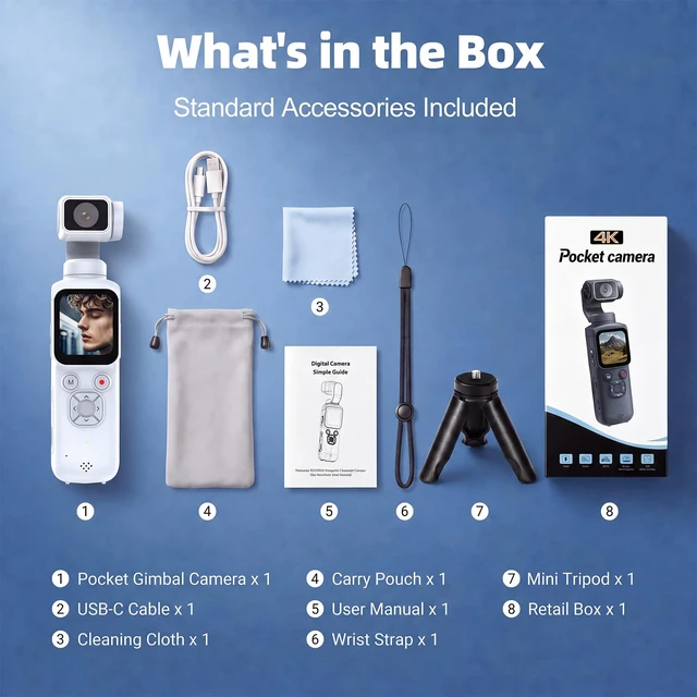 Alt view image 7 of 7 - 4K Vlogging Camera with AI Face Tracking, 330° Rotating Lens & WiFi, White Face-Detection Tracking, one-touch front/selfie view, Type-C charging, webcam mode, and Class 10 cards up to 256GB