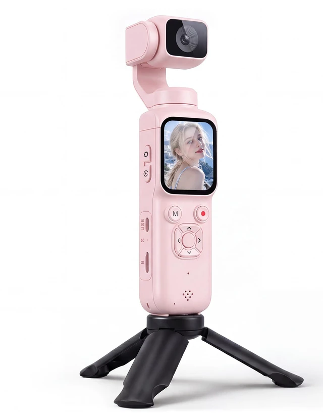Main image of 4K Vlogging Camera with AI Face Tracking, 330° Rotating Lens & WiFi, Pink Face-Detection Tracking, one-touch front/selfie view, Type-C charging, webcam mode, and Class 10 cards up to 256GB