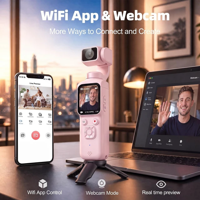 Alt view image 2 of 7 - 4K Vlogging Camera with AI Face Tracking, 330° Rotating Lens & WiFi, Pink Face-Detection Tracking, one-touch front/selfie view, Type-C charging, webcam mode, and Class 10 cards up to 256GB