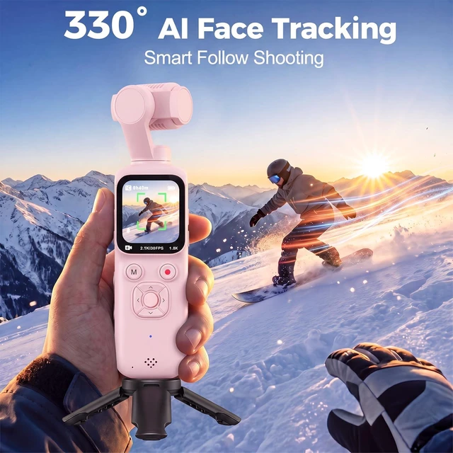 Alt view image 4 of 7 - 4K Vlogging Camera with AI Face Tracking, 330° Rotating Lens & WiFi, Pink Face-Detection Tracking, one-touch front/selfie view, Type-C charging, webcam mode, and Class 10 cards up to 256GB