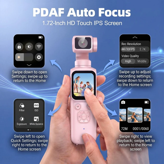 Alt view image 6 of 7 - 4K Vlogging Camera with AI Face Tracking, 330° Rotating Lens & WiFi, Pink Face-Detection Tracking, one-touch front/selfie view, Type-C charging, webcam mode, and Class 10 cards up to 256GB
