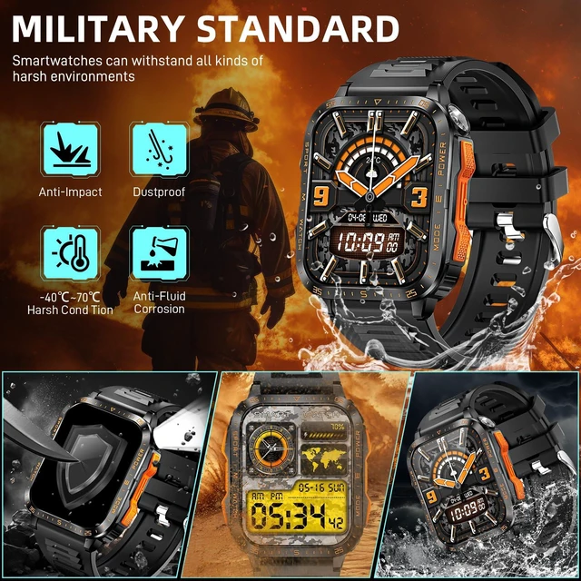 Alt view image 3 of 7 - Military Smart Watches for Men (Make/Answer Call) with LED Flashlight Rugged Smartwatch with 1.96" Screen 430mAh Fitness Tracker with Sport Modes Heart Rate Sleep Monitor for iPhone Android phone