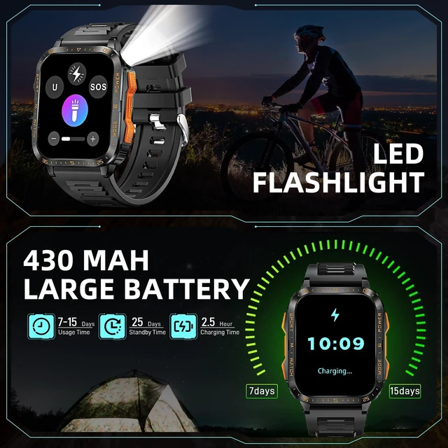 Alt view image 2 of 7 - Military Smart Watches for Men (Make/Answer Call) with LED Flashlight Rugged Smartwatch with 1.96" Screen 430mAh Fitness Tracker with Sport Modes Heart Rate Sleep Monitor for iPhone Android phone
