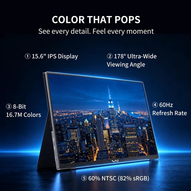 Alt view image 7 of 7 - M16 Portable Monitor 15.6" FHD 1080P 85% sRGB IPS USB-C Travel Monitor Ultra-Slim Travel Display with HDMI HDR, FreeSync, Dual Speakers, External Screen for Laptop PC Mac Phone Switch PS5