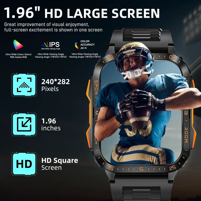 Alt view image 4 of 7 - Military Smart Watches for Men (Make/Answer Call) with LED Flashlight Rugged Smartwatch with 1.96" Screen 430mAh Fitness Tracker with Sport Modes Heart Rate Sleep Monitor for iPhone Android phone