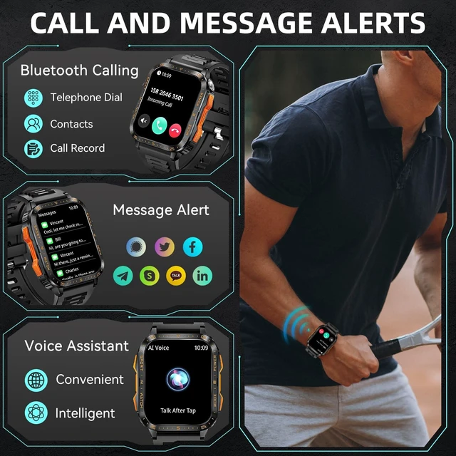 Alt view image 5 of 7 - Military Smart Watches for Men (Make/Answer Call) with LED Flashlight Rugged Smartwatch with 1.96" Screen 430mAh Fitness Tracker with Sport Modes Heart Rate Sleep Monitor for iPhone Android phone