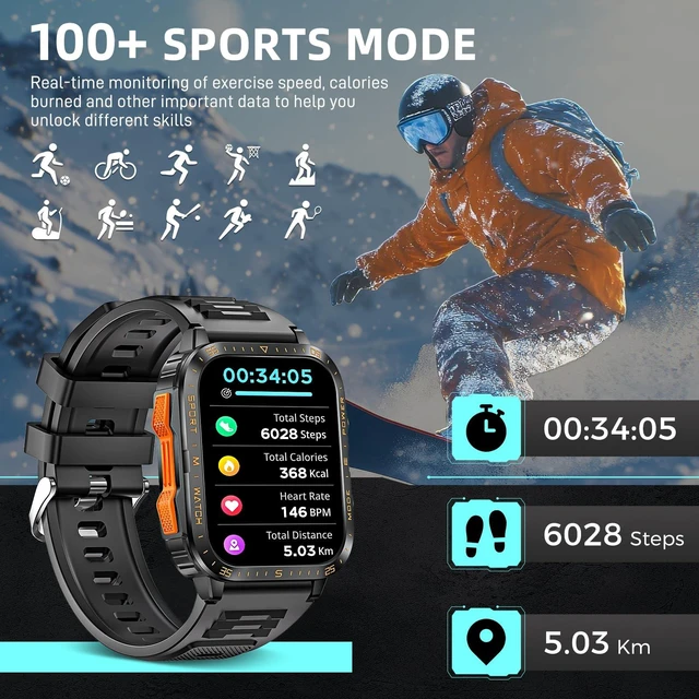 Alt view image 6 of 7 - Military Smart Watches for Men (Make/Answer Call) with LED Flashlight Rugged Smartwatch with 1.96" Screen 430mAh Fitness Tracker with Sport Modes Heart Rate Sleep Monitor for iPhone Android phone