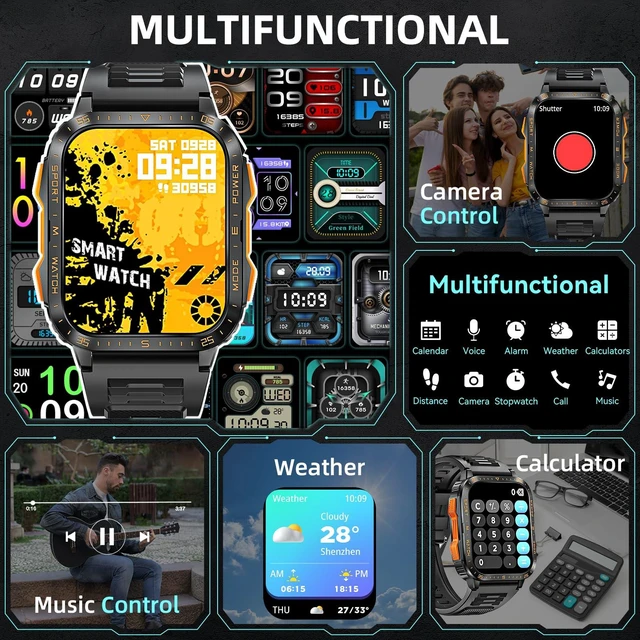 Alt view image 7 of 7 - Military Smart Watches for Men (Make/Answer Call) with LED Flashlight Rugged Smartwatch with 1.96" Screen 430mAh Fitness Tracker with Sport Modes Heart Rate Sleep Monitor for iPhone Android phone