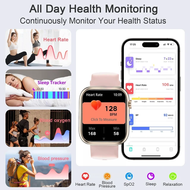 Alt view image 4 of 7 - Smart Watches for Men Women(Answer/Make Calls),7 Day Battery Fitness Watch with SpO2/HR/Sleep/BP Monitor,120+ Sports Activity Trackers,IP68,120+Dials Watches for Women,2 Bands,BlackGold