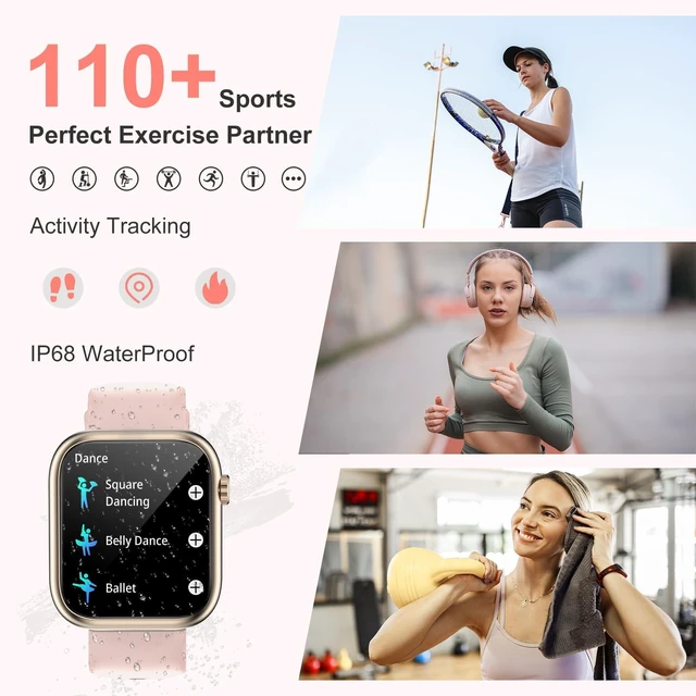 Alt view image 6 of 7 - Smart Watches for Women with Bluetooth Calls,7 Days Battery,1.83" Fitness Tracker with HR/Sleep/BP Monitor,110+ Sports IP68 Activity Trackers for Android Phones Pink