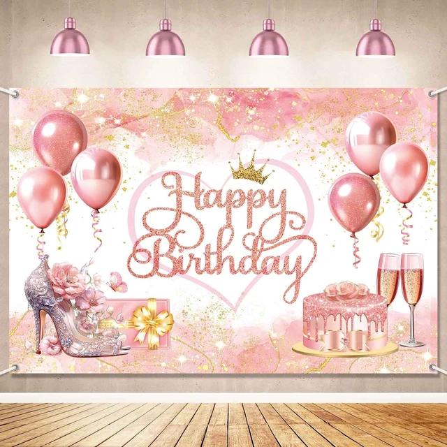 Alt view image 2 of 7 - 8x6ft Rose Gold Happy Birthday Backdrop Banner Pink Birthday Party Decorations for Women Girls Flower High Heels Theme Photography Background Fabric Yard Sign Wall Decor