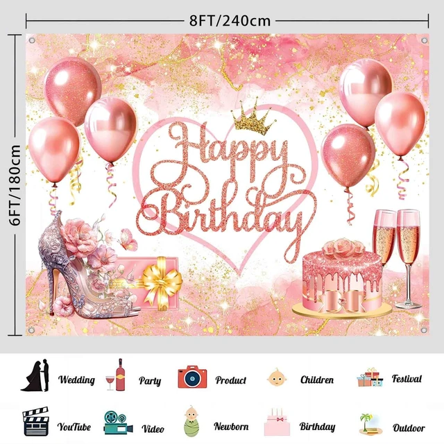 Alt view image 3 of 7 - 8x6ft Rose Gold Happy Birthday Backdrop Banner Pink Birthday Party Decorations for Women Girls Flower High Heels Theme Photography Background Fabric Yard Sign Wall Decor