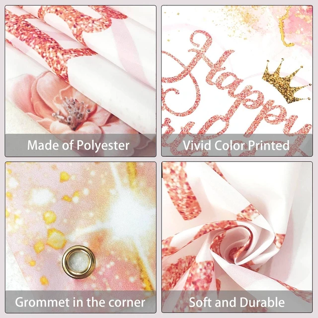 Alt view image 4 of 7 - 7x5ft Rose Gold Happy Birthday Banner Backdrop Pink and Gold Birthday Party Decorations Supplies for Women Girls Large Balloons High Heel Theme Photography Background