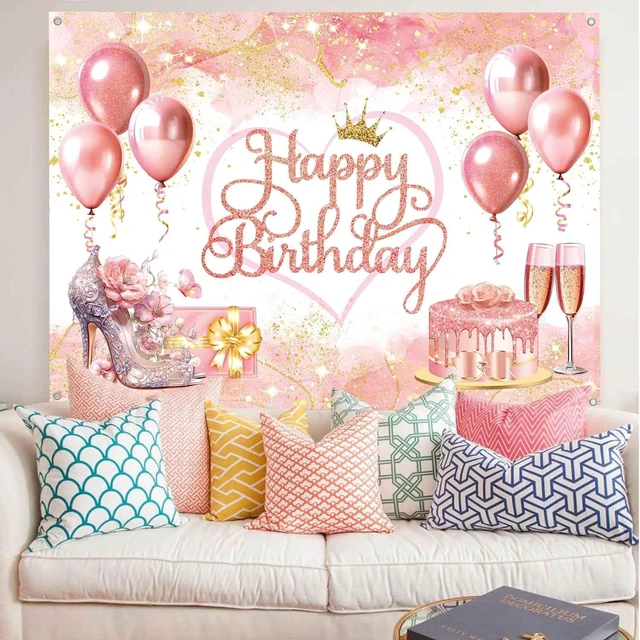 Alt view image 5 of 7 - 7x5ft Rose Gold Happy Birthday Banner Backdrop Pink and Gold Birthday Party Decorations Supplies for Women Girls Large Balloons High Heel Theme Photography Background