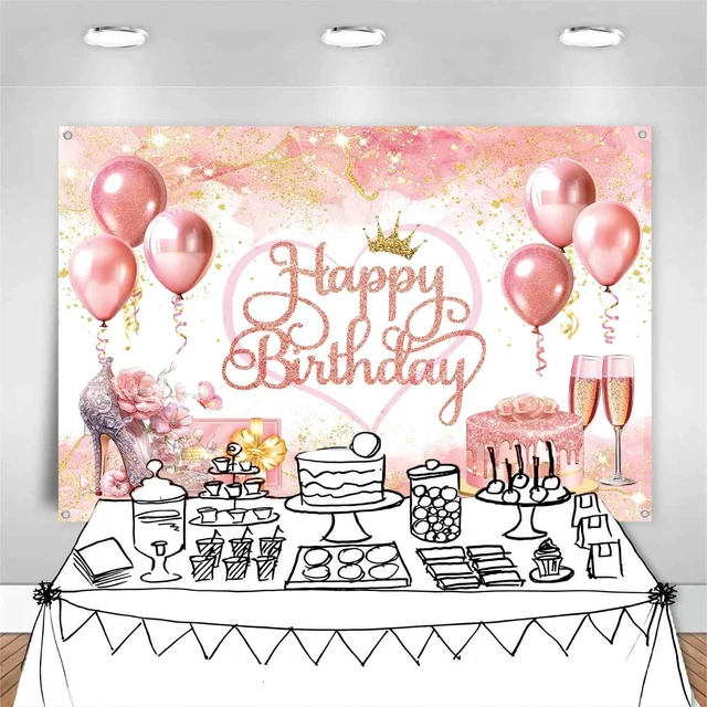 Alt view image 6 of 7 - 7x5ft Rose Gold Happy Birthday Banner Backdrop Pink and Gold Birthday Party Decorations Supplies for Women Girls Large Balloons High Heel Theme Photography Background