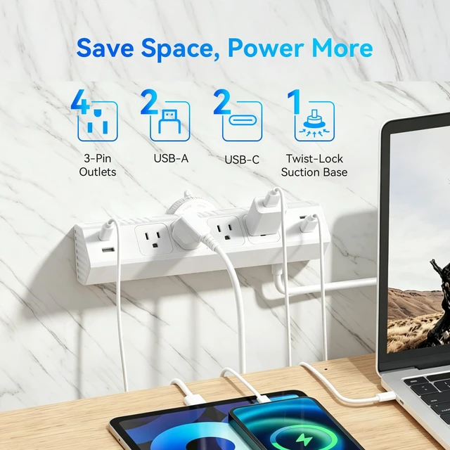 Alt view image 4 of 7 - Desktop Suction Cup Power Strip 4.9Ft,Table Surge Protector