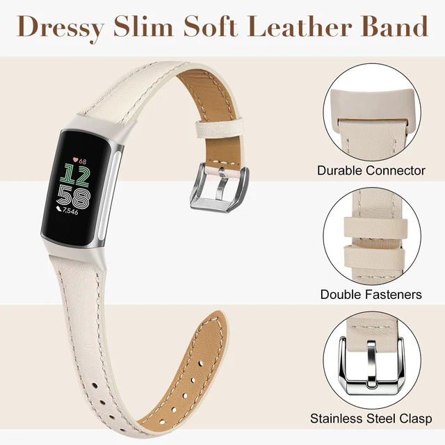 Alt view image 3 of 7 - Slim Leather Band Compatible with Fitbit Charge 6/Fitbit Charge 5 Watch Band,Soft Genuine Leather Adjustable Sport Straps for Women Men