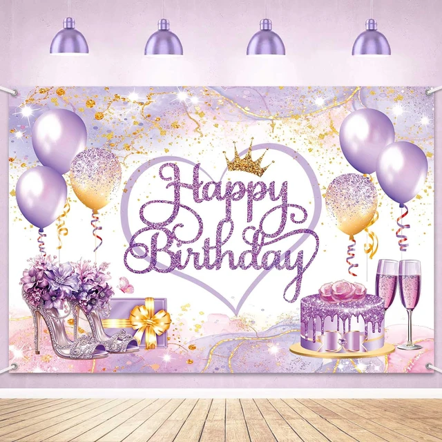 Alt view image 2 of 7 - 8x6ft Purple and Gold Happy Birthday Backdrop Banner Pink Purple Gold Birthday Party Decorations Supplies for Women Girls Large Balloons High Heel Theme Photography Background