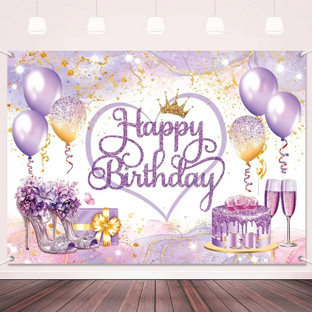 Main image of 8x6ft Purple and Gold Happy Birthday Backdrop Banner Pink Purple Gold Birthday Party Decorations Supplies for Women Girls Large Balloons High Heel Theme Photography Background