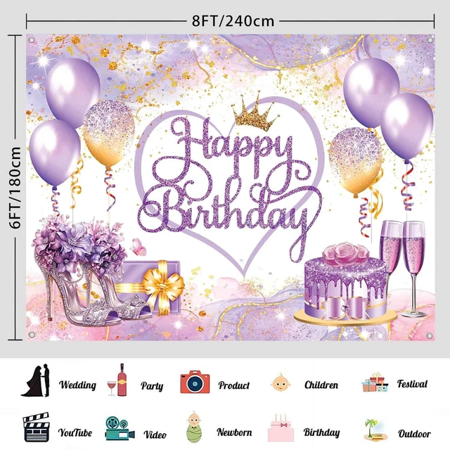 Alt view image 3 of 7 - 8x6ft Purple and Gold Happy Birthday Backdrop Banner Pink Purple Gold Birthday Party Decorations Supplies for Women Girls Large Balloons High Heel Theme Photography Background