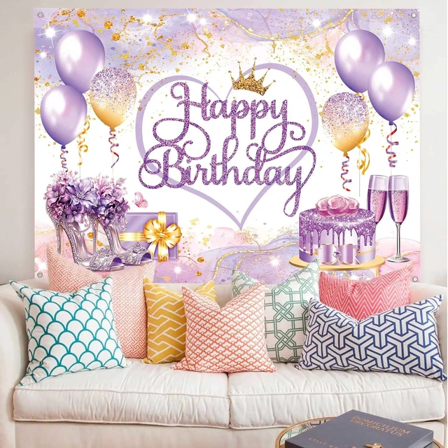 Alt view image 4 of 7 - 8x6ft Purple and Gold Happy Birthday Backdrop Banner Pink Purple Gold Birthday Party Decorations Supplies for Women Girls Large Balloons High Heel Theme Photography Background