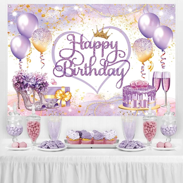 Alt view image 5 of 7 - 8x6ft Purple and Gold Happy Birthday Backdrop Banner Pink Purple Gold Birthday Party Decorations Supplies for Women Girls Large Balloons High Heel Theme Photography Background