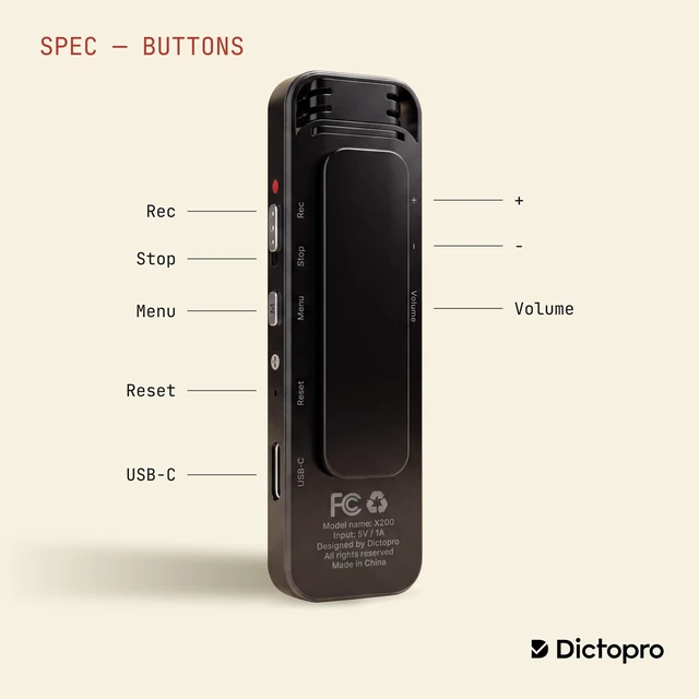 Alt view image 3 of 7 - X200 Digital Voice Activated Recorder with Playback, 16GB 1100H max capacity, 20H battery life, 10m range, password lock, A-B repeat, variable speed, USB-C charging